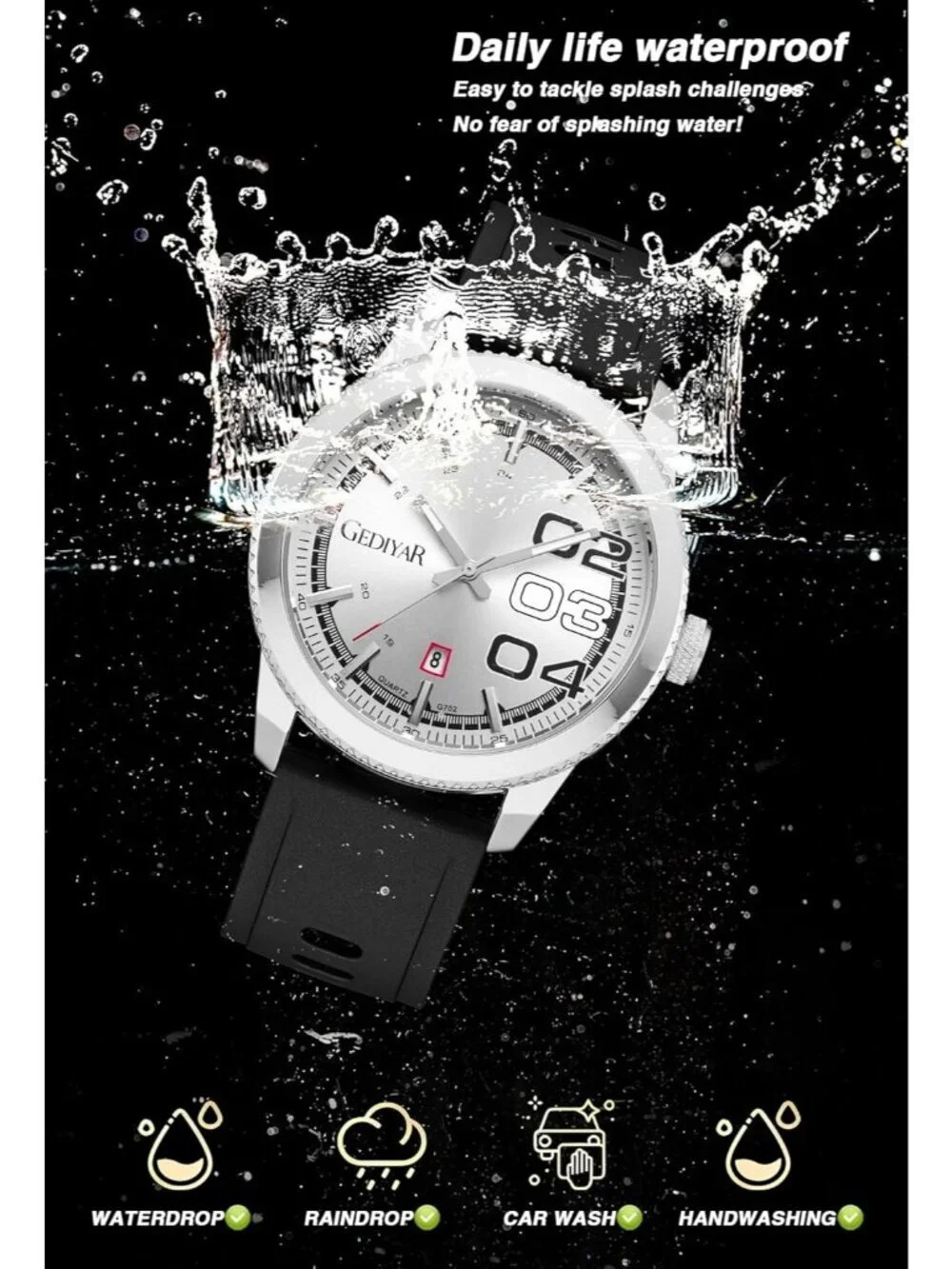 Men's Black Silver Analog Quartz Silicone Band Waterproof Luminous Wrist Watch